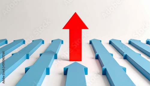 Concept of Growth and Differentiation: A Vibrant Red Arrow Pointing Upward Among Blue Arrows, Symbolizing Leadership and Success