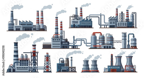 Collection of Industrial Factory Buildings Emitting Smoke.
