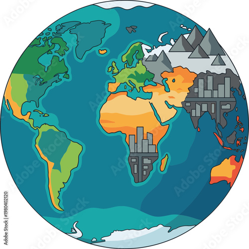 Illustration of a segmented globe showing diverse environments, representing different continents, landscapes, and urban developments