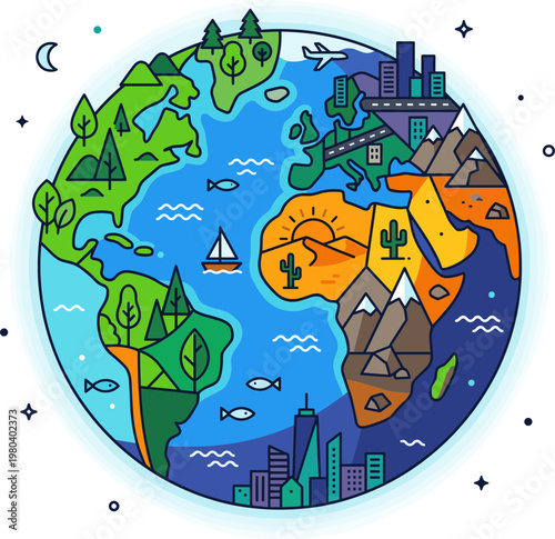 A vibrant, stylized illustration of planet Earth showcasing diverse landscapes, cities, and natural elements in a circular design