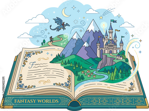 An open storybook reveals a fantasy world, featuring a majestic castle, mountains, and a dragon under a starry sky, symbolizing imagination's power
