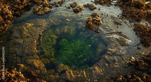 Tidepool scene with algae a...