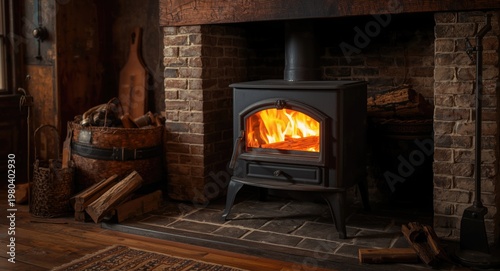 Wood stove heating room wit...