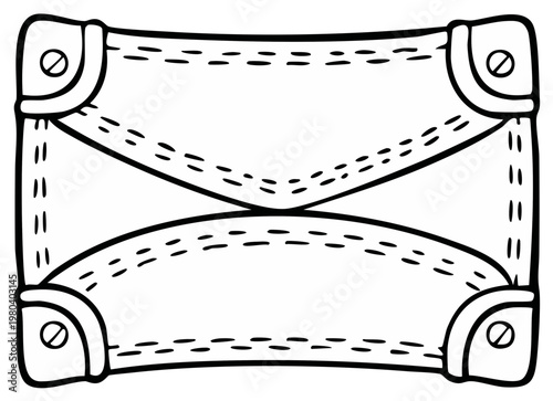 Stylized open suitcase or trunk with stitched leather detail and metal corner protectors