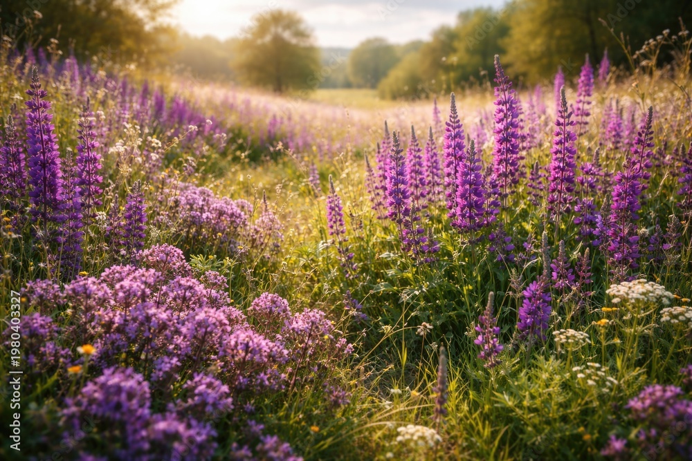 Obraz premium A Vibrant Meadow Full of Purple Flowers and Fresh Herbs on a Warm Spring Day