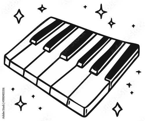 Minimalist Outline Illustration of Piano Keys with Decorative Stars for Sheet Music and Music Concepts