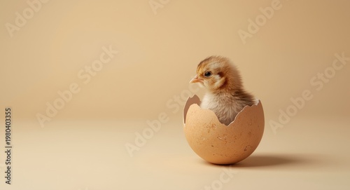Young chick newly hatched breaking eggshell on calm beige background with generous copy space