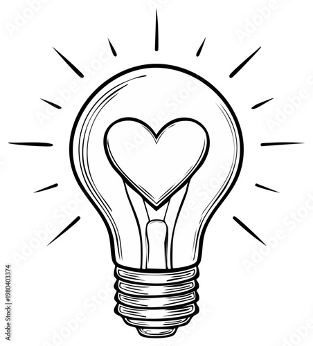 Hand drawn sketch of a lightbulb with a heart inside glowing with radiating lines