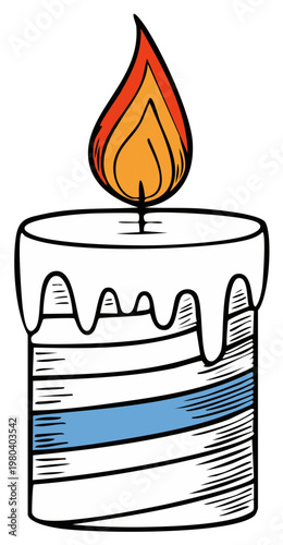 Illustration of a burning candle with wax drips and a blue stripe for decoration or celebration use