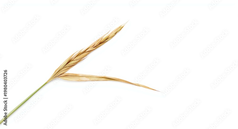 Fototapeta premium White backdrop with detailed isolated rice ear and accompanying leaf