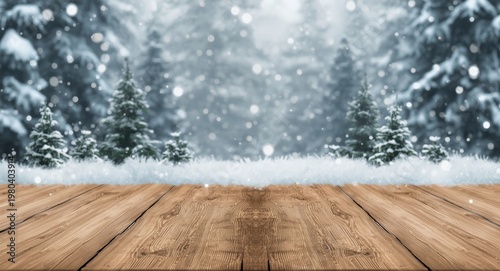 Wooden table top with snowy...