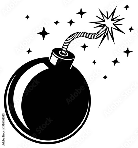 Explosive Black and White Round Bomb with a Lit Fuse and Starbursts