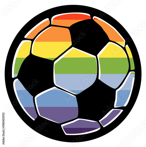 Rainbow soccer ball icon with white outline on black circle for LGBTQ+ friendly game