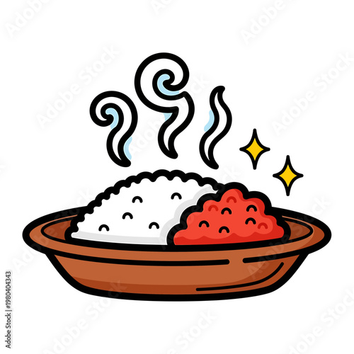 Steaming bowl of rice and tomatoes on a plate indoors