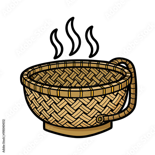 A steaming hot cup of coffee in a woven basket mug