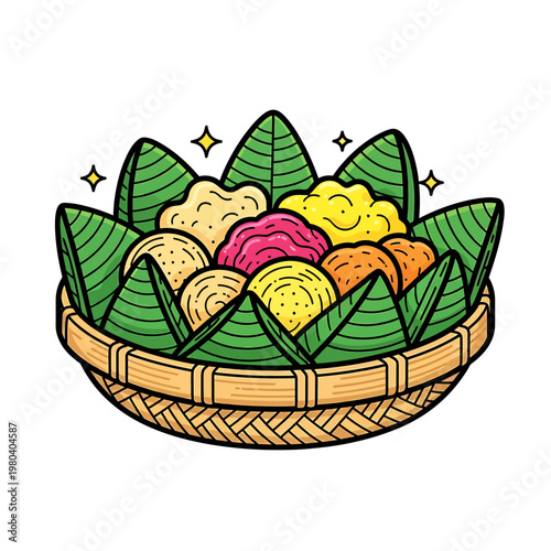 Vibrant colorful foods arranged in woven basket with green leaves