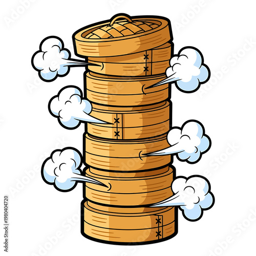 Steaming bamboo steamer baskets emit vapor rising quickly outside