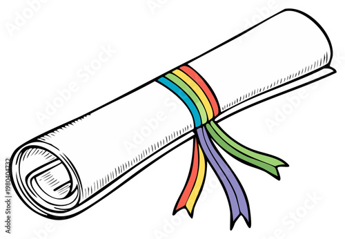 Scroll of parchment tied with rainbow colored ribbons. Symbolic of accomplishment and achievement.