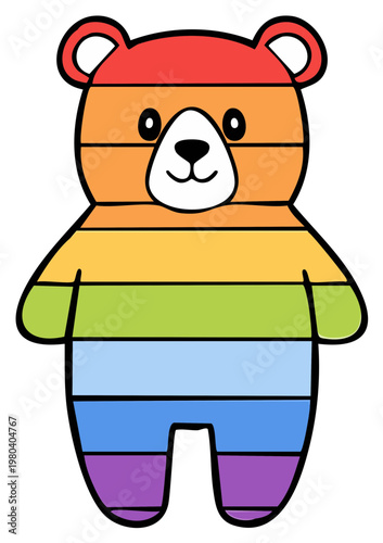 Rainbow bear cartoon illustration with horizontal stripes in vibrant colors, smiling cheerfully