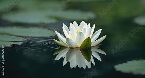 White lotus bloom on glassy...