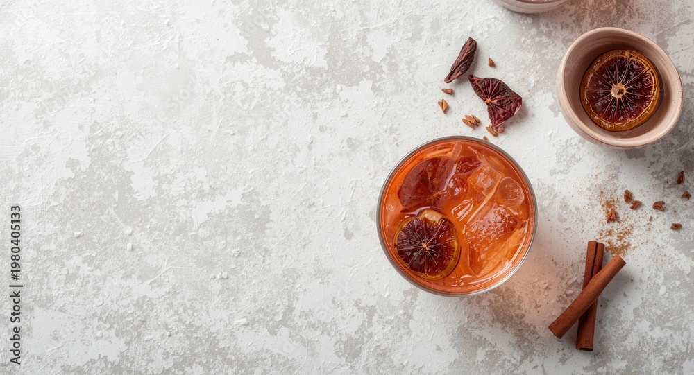 Fototapeta premium White grunge textured backdrop featuring a refreshing cocktail with dried fruit and cinnamon sticks for party settings
