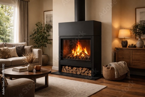 Modern fireplace with black...