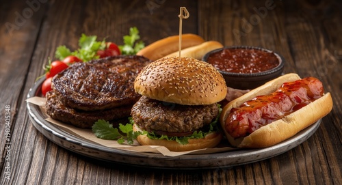 Smoked meat burgers and hot...