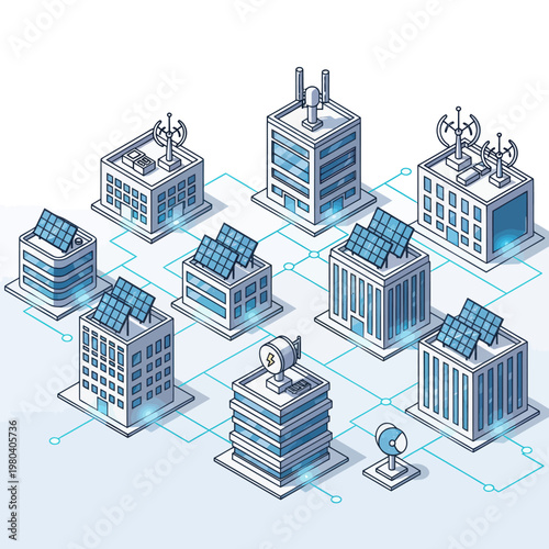 Networked Smart Buildings with Solar Panels and Antennae - A Modern Isometric View.