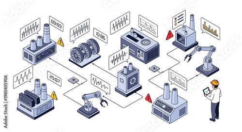 Isometric illustration depicts a machine sensor monitoring system with various factory components connected by data streams for predictive maintenance in industry 4.0, set against a clean