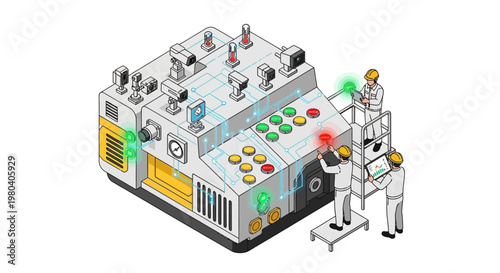 Isometric illustration of a Sensor Monitoring System for predictive maintenance in industry 4.0, showing engineers analyzing machine performance indicators on a complex control panel