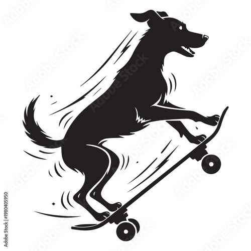 playful dog silhouette doing skateboard stunt clean outline