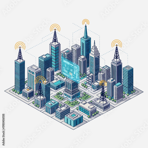 Isometric Smart City with 5G Network and Digital Infrastructure.
