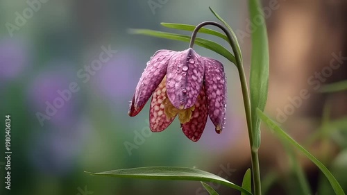 Beautiful purple flower with dew in a garden setting