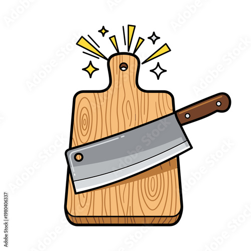 A sharp kitchen knife lies on a wooden cutting board with sparkles.