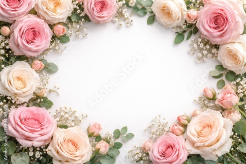 Romantic rose frame laid flat on a blank white backdrop