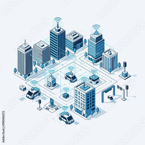 Isometric Smart City with Connected Vehicles and Infrastructure.