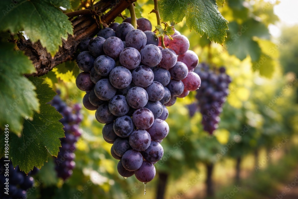 Fototapeta premium Close-up view of ripe grapes clustered on a grapevine in a lush vineyard setting