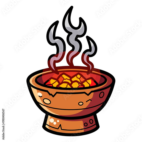 A clay bowl of food is being cooked over an open flame