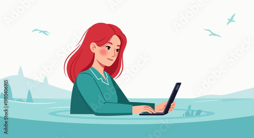 Woman, red hair, working on laptop, in water, minimalist illustration, business productivity, aquatic scene, vector graphic