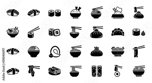 Collection of various sushi icons and symbols.