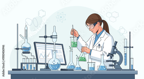 Female scientist in lab coat working with microscope and beaker