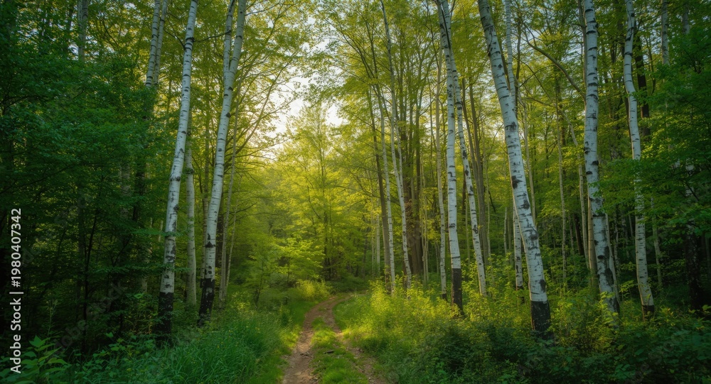 Fototapeta premium Wide angle perspective of a summer forest filled with birch trees