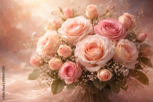 Romantic bouquet with warm rose hues and delicate buds on a soft artistic background expressing love and beauty