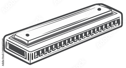 Black and white vector illustration of a classic blues harmonica music instrument