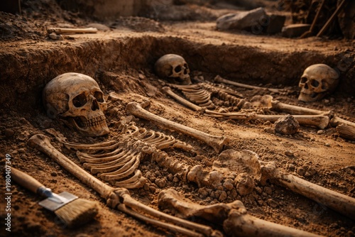 Ancient archaeological excavation revealing human skeletal remains and skulls in historic burial site