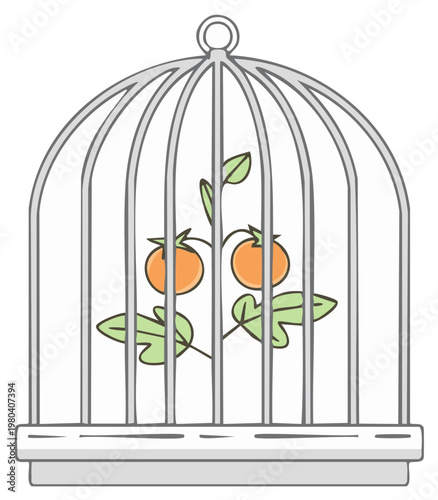 Conceptual illustration of growing a small plant with fruit inside a birdcage, representing freedom
