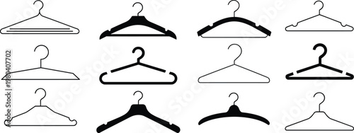 Clothes hanger silhouettes collection showing wire, wooden, plastic, curved hook, garment storage, wardrobe, fashion, household, icon, design
