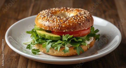 Vegan sesame bagel served w...