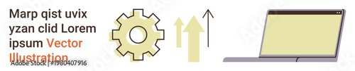 Technology, automation, productivity, software development, data transfer, innovation. Gear icon with two arrows and a laptop. Technology and automation concepts