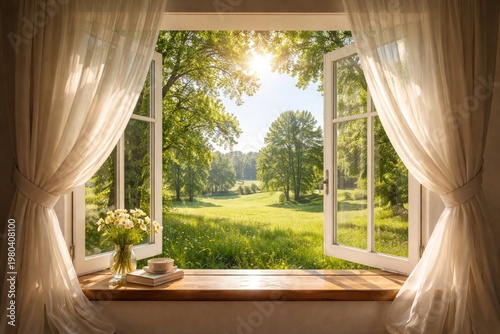 Sunlit window with flowing ...